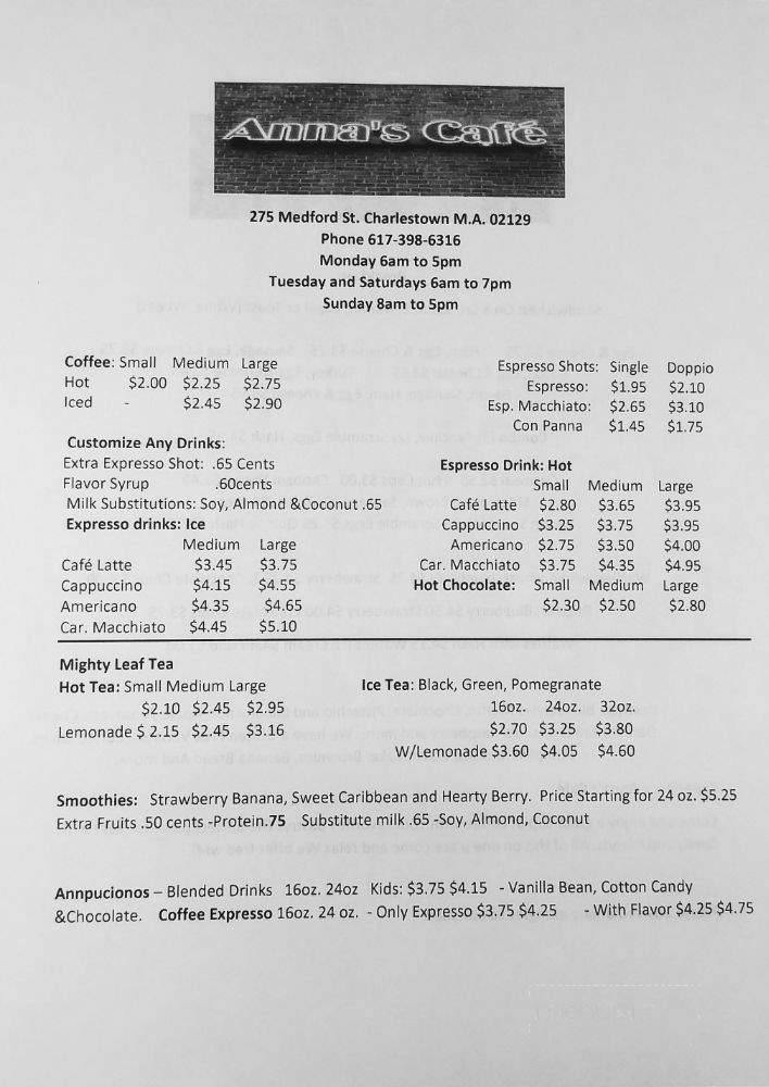 Anna's Cafe - Charlestown, MA menu_pic