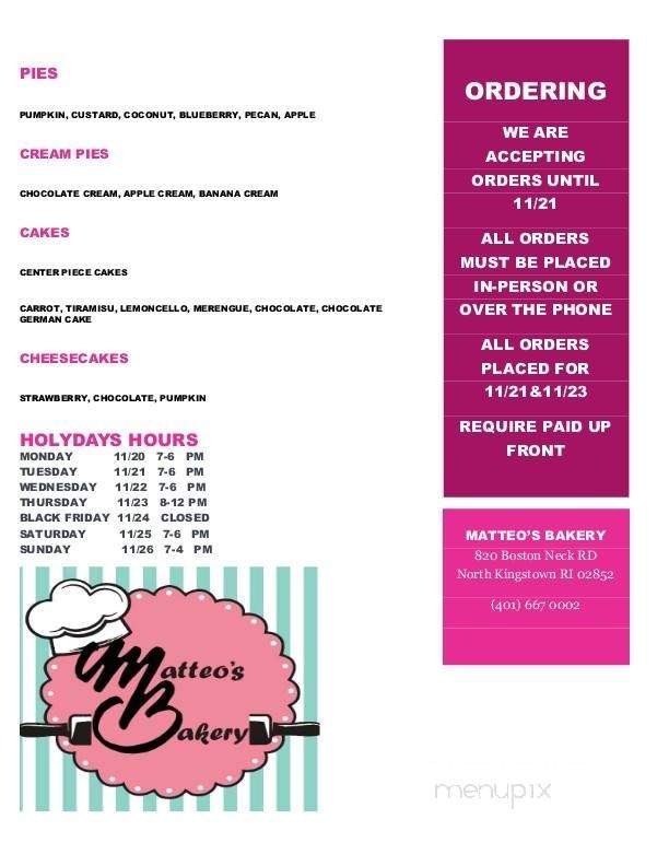 Matteos Bakery - North Kingstown, RI menu_pic