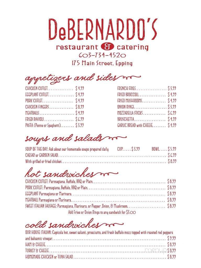 DeBernardo's Restaurant - Epping, NH menu_pic