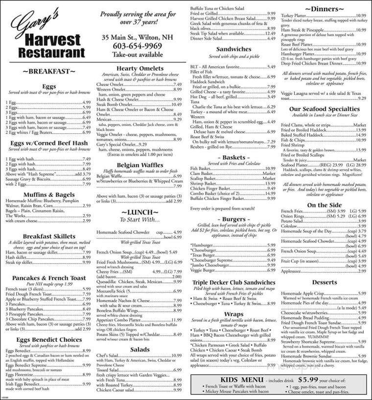 Gary's Harvest Restaurant - Wilton, NH menu_pic