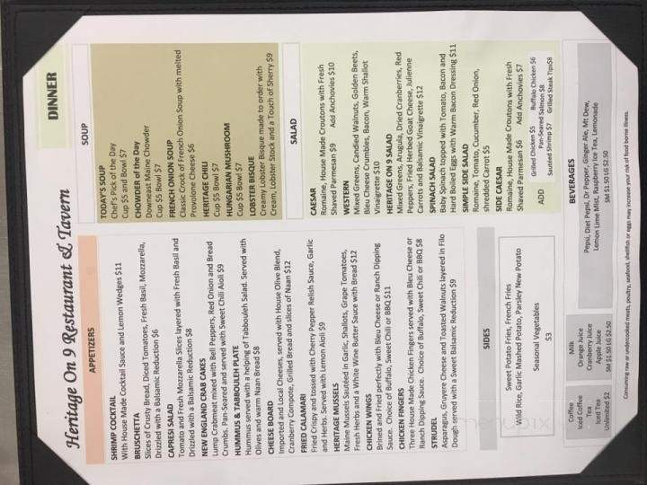 Heritage On 9 Restaurant & Tavern - Eddington, ME menu_pic