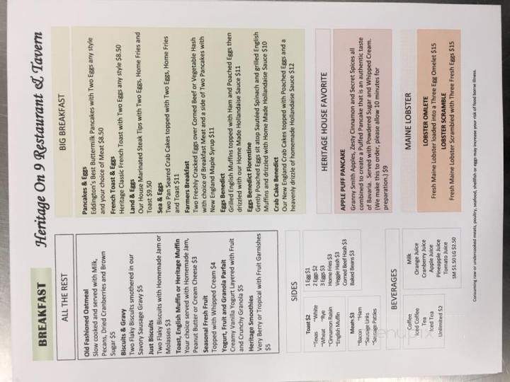 Heritage On 9 Restaurant & Tavern - Eddington, ME menu_pic