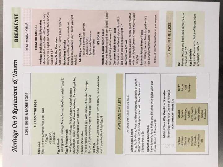 Heritage On 9 Restaurant & Tavern - Eddington, ME menu_pic