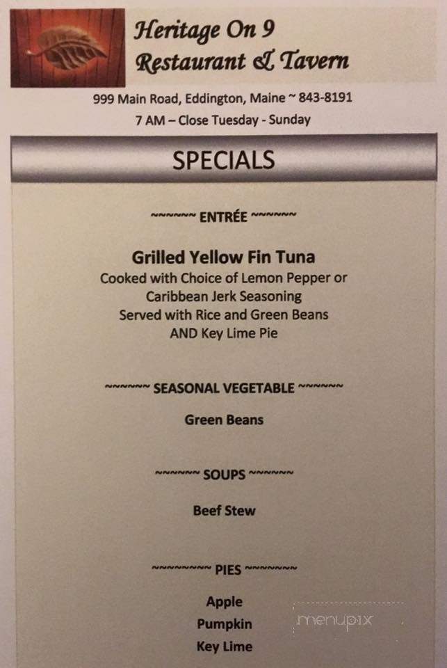 Heritage On 9 Restaurant & Tavern - Eddington, ME menu_pic