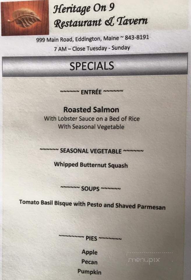 Heritage On 9 Restaurant & Tavern - Eddington, ME menu_pic
