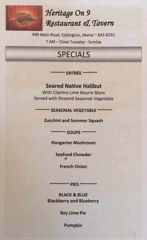 Heritage On 9 Restaurant & Tavern - Eddington, ME menu_pic