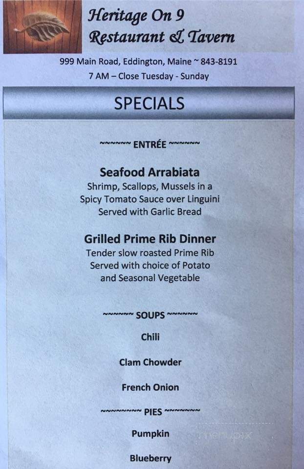 Heritage On 9 Restaurant & Tavern - Eddington, ME menu_pic