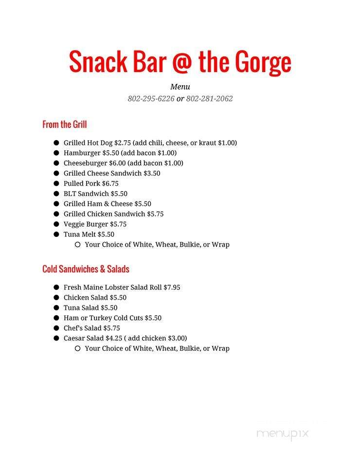 Snack Bar At The Gorge - Quechee, VT menu_pic