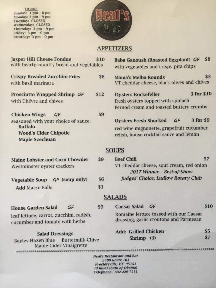 Neal's Restaurant and Bar - Cavendish, VT menu_pic
