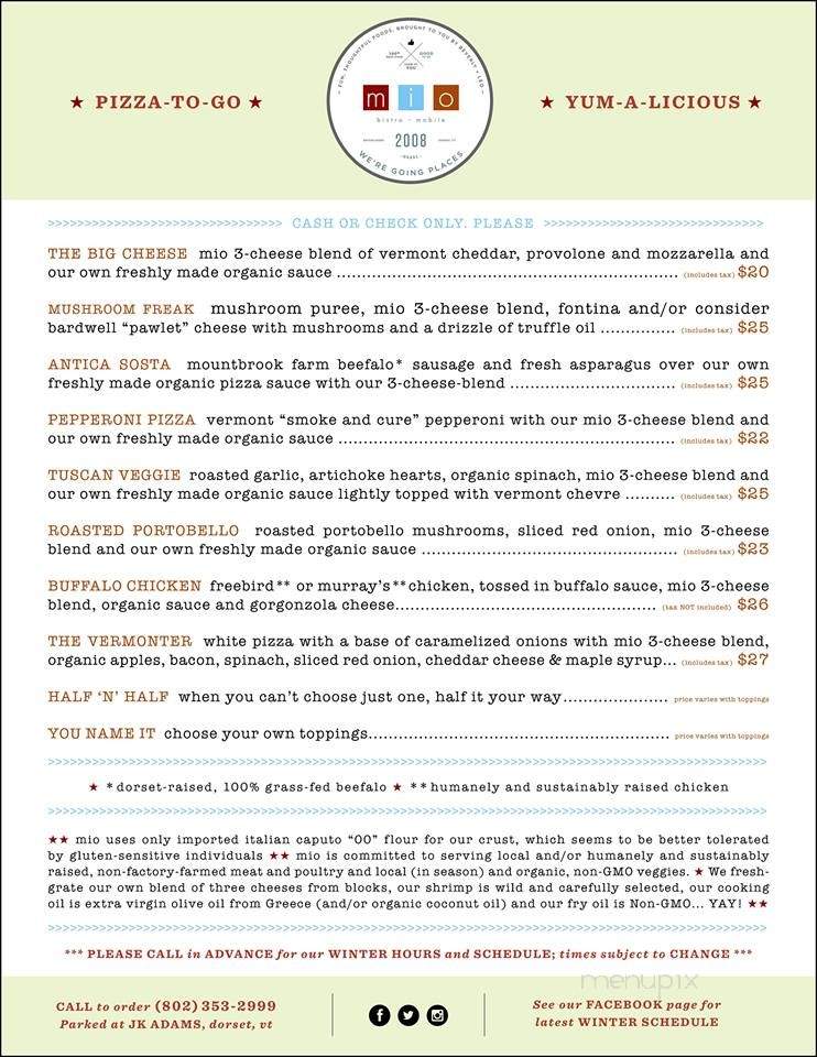 Mio Bistro Mobile - Dorset, VT menu_pic