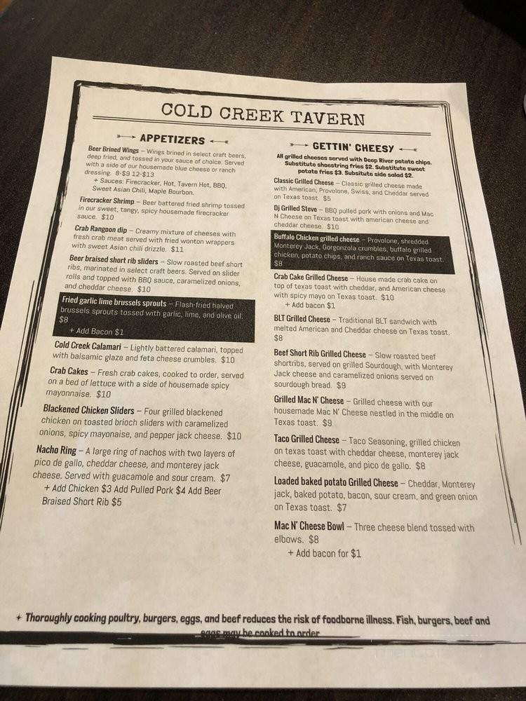 Cold Creek Tavern - Ellington, CT menu_pic