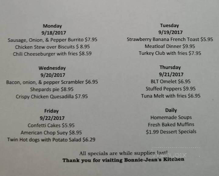 Bonnie Jean's Kitchen - Stafford, CT menu_pic