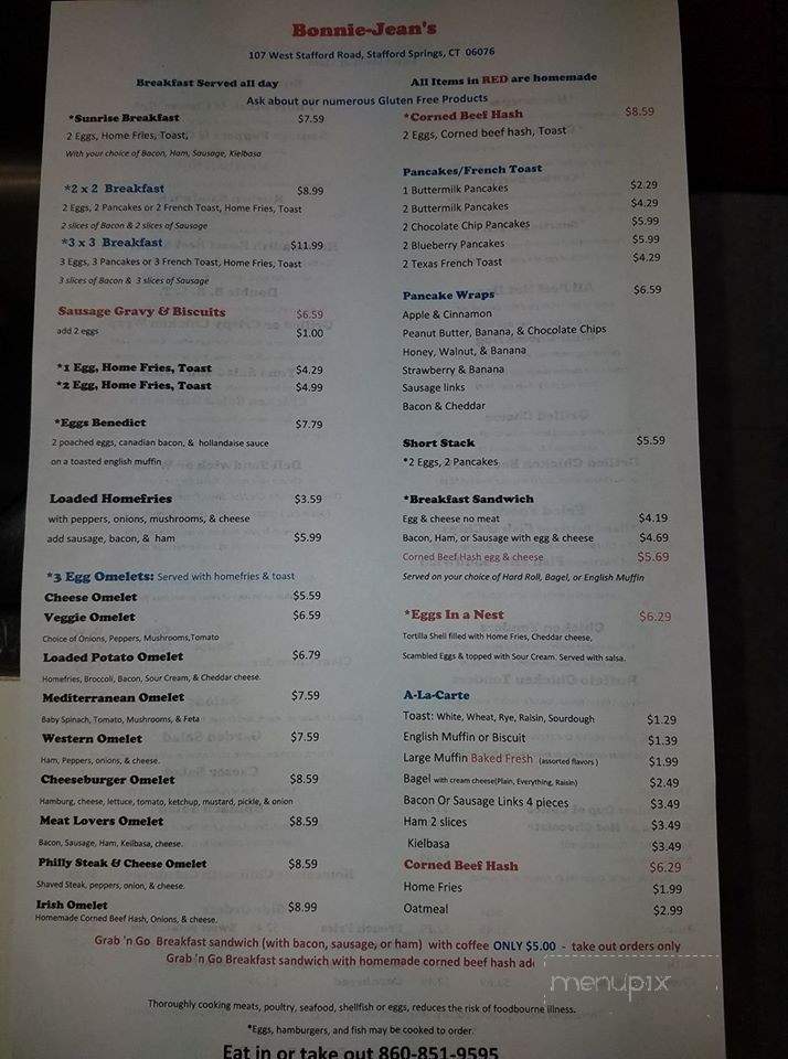 Bonnie Jean's Kitchen - Stafford, CT menu_pic