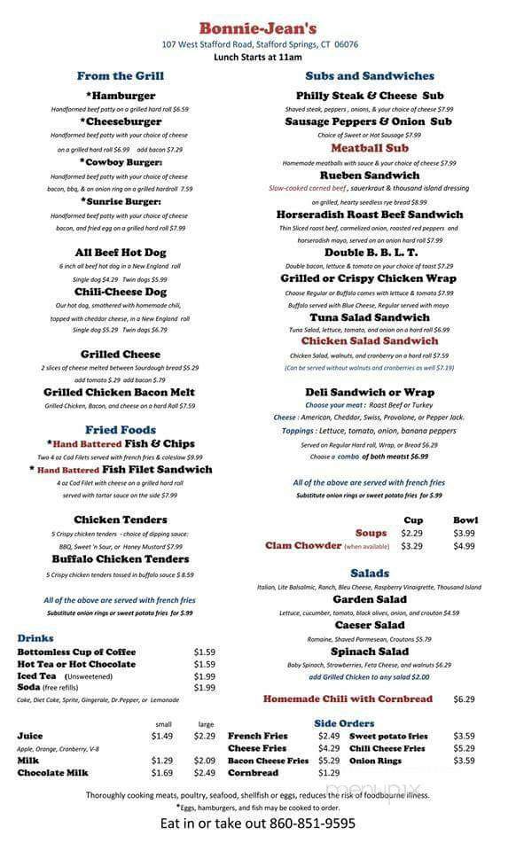 Bonnie Jean's Kitchen - Stafford, CT menu_pic