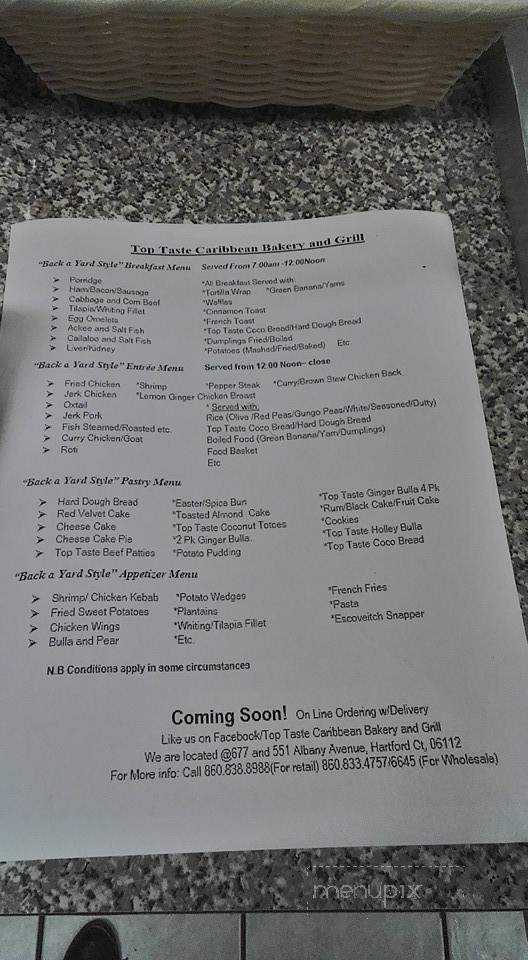 Top Taste Caribbean Bakery & Grill - Hartford, CT menu_pic