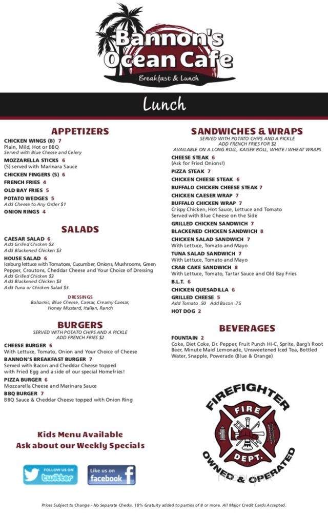 Bannon's Ocean Cafe - Wildwood, NJ menu_pic