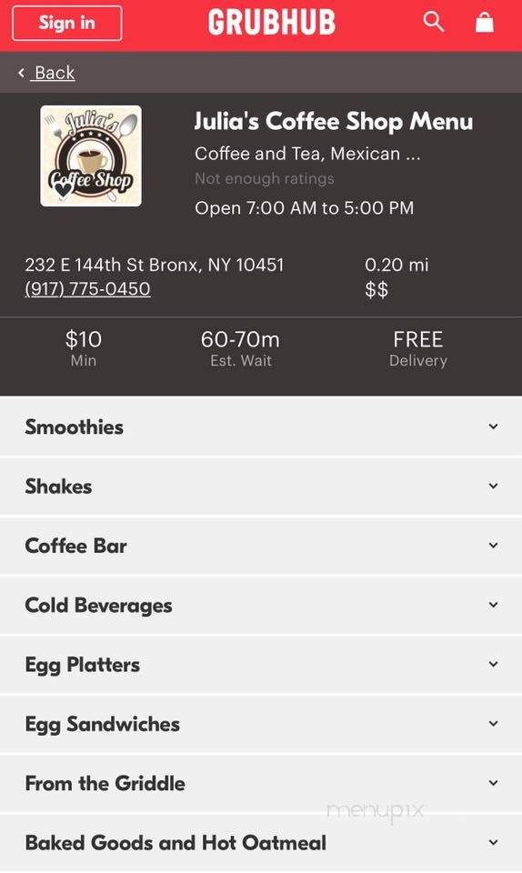 Julia's Coffee Shop - Bronx, NY menu_pic