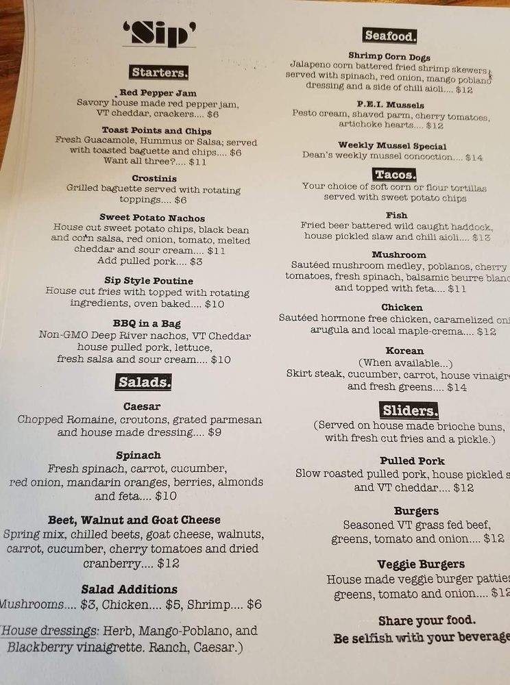 Sip - Plattsburgh, NY menu_pic