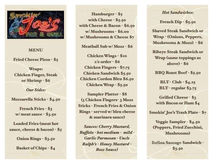 Menu of Smokin' Joe's Bar & Grill in Rochester, NY 14606