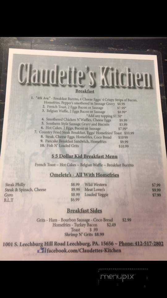 Claudette's Kitchen - New Kensington, PA menu_pic
