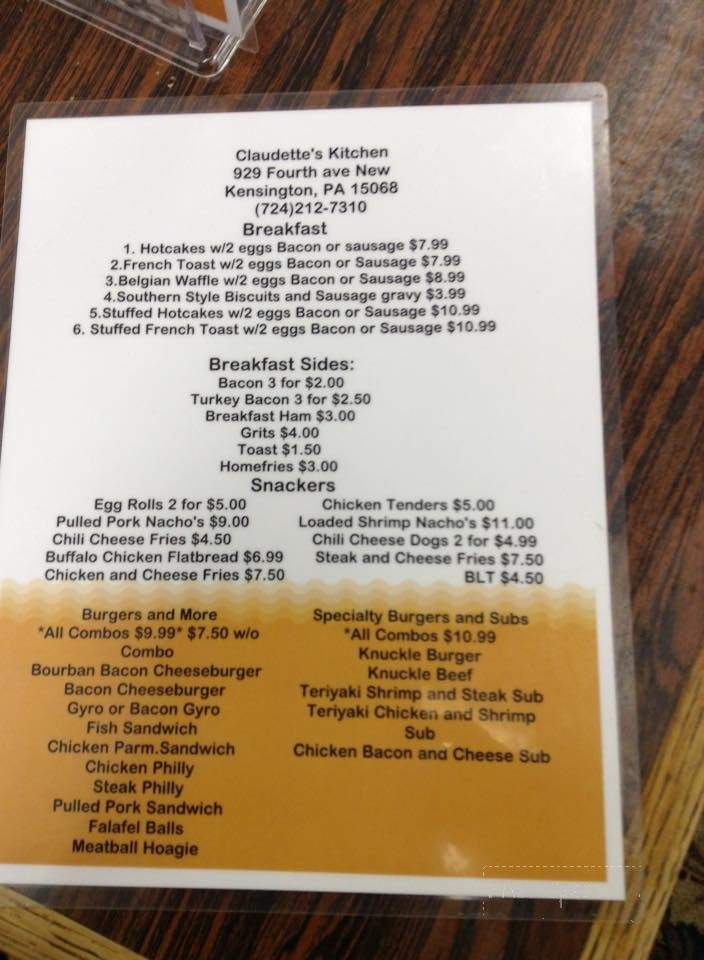 Claudette's Kitchen - New Kensington, PA menu_pic