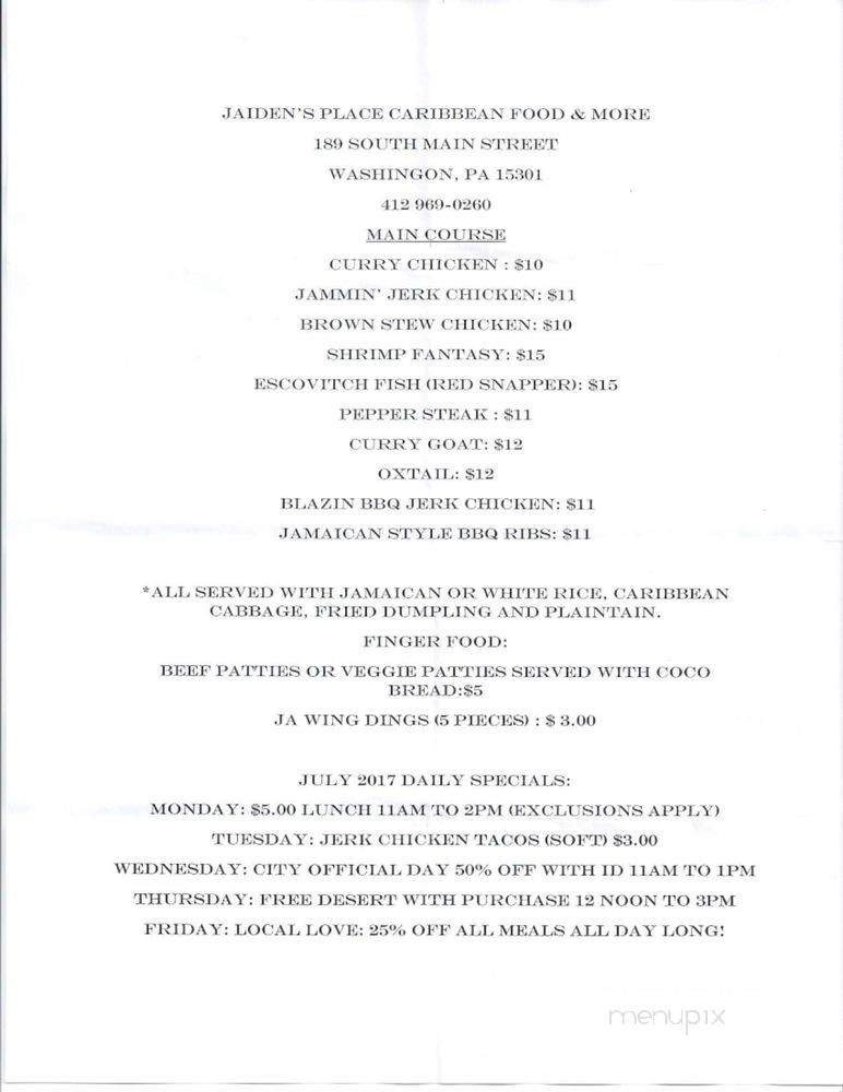 Jaiden's Place - Washington, PA menu_pic