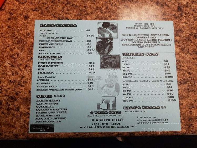 Unk's Grub - Sharon, PA menu_pic