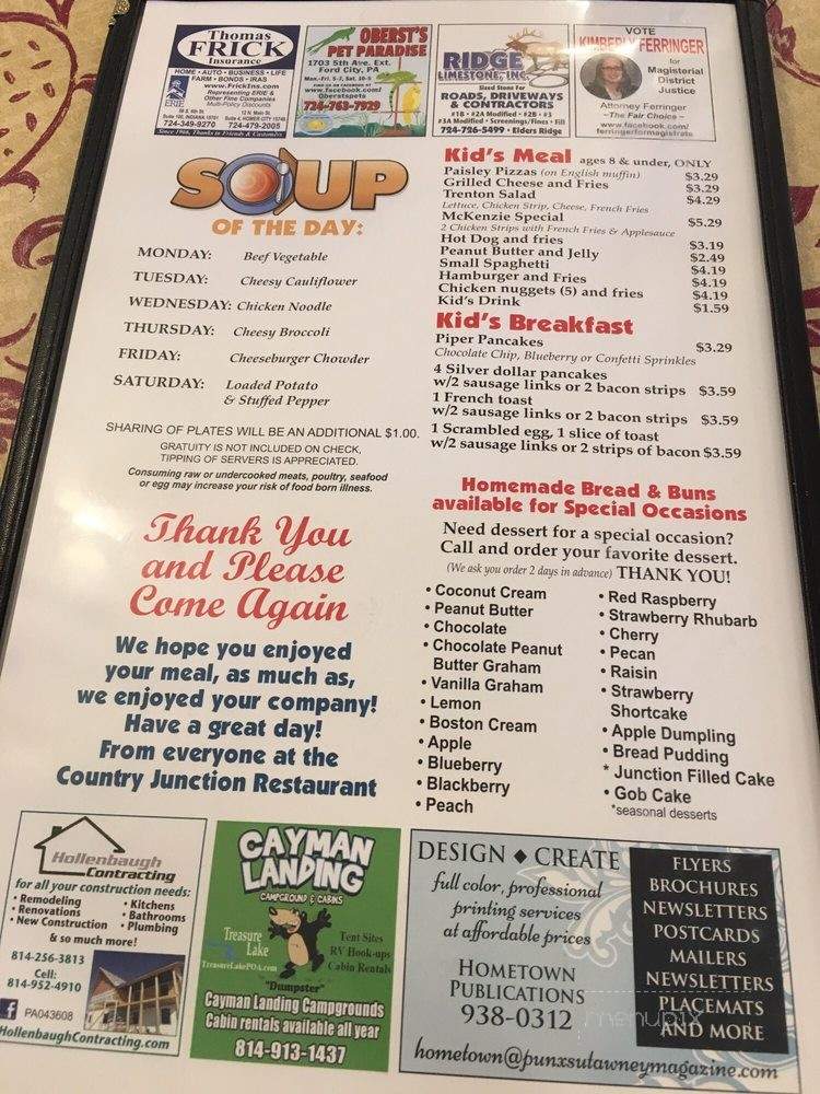 Country Junction Restaurant - Smicksburg, PA menu_pic