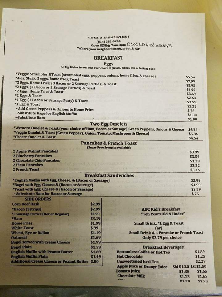 Toni's Lake Diner - Conneaut Lake, PA menu_pic