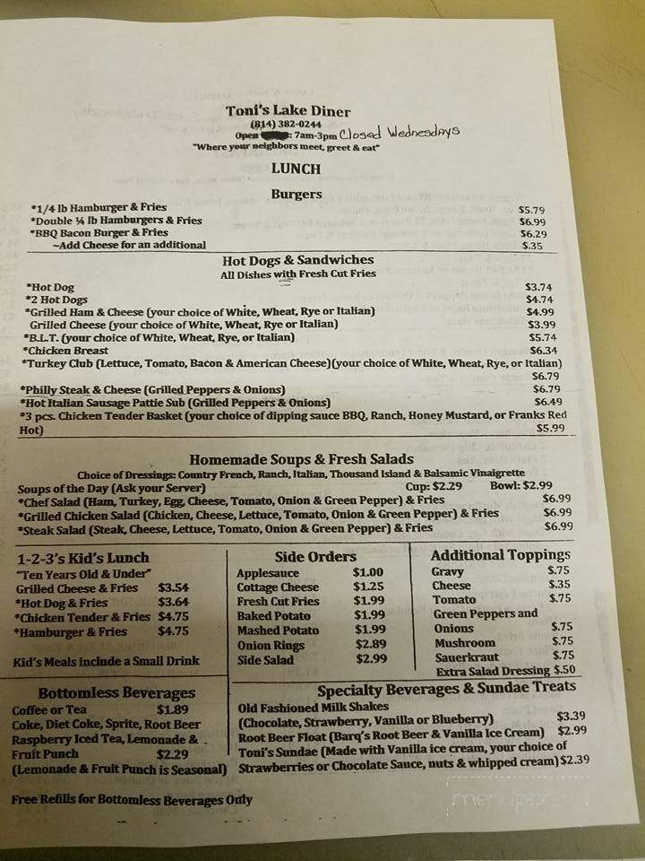 Toni's Lake Diner - Conneaut Lake, PA menu_pic