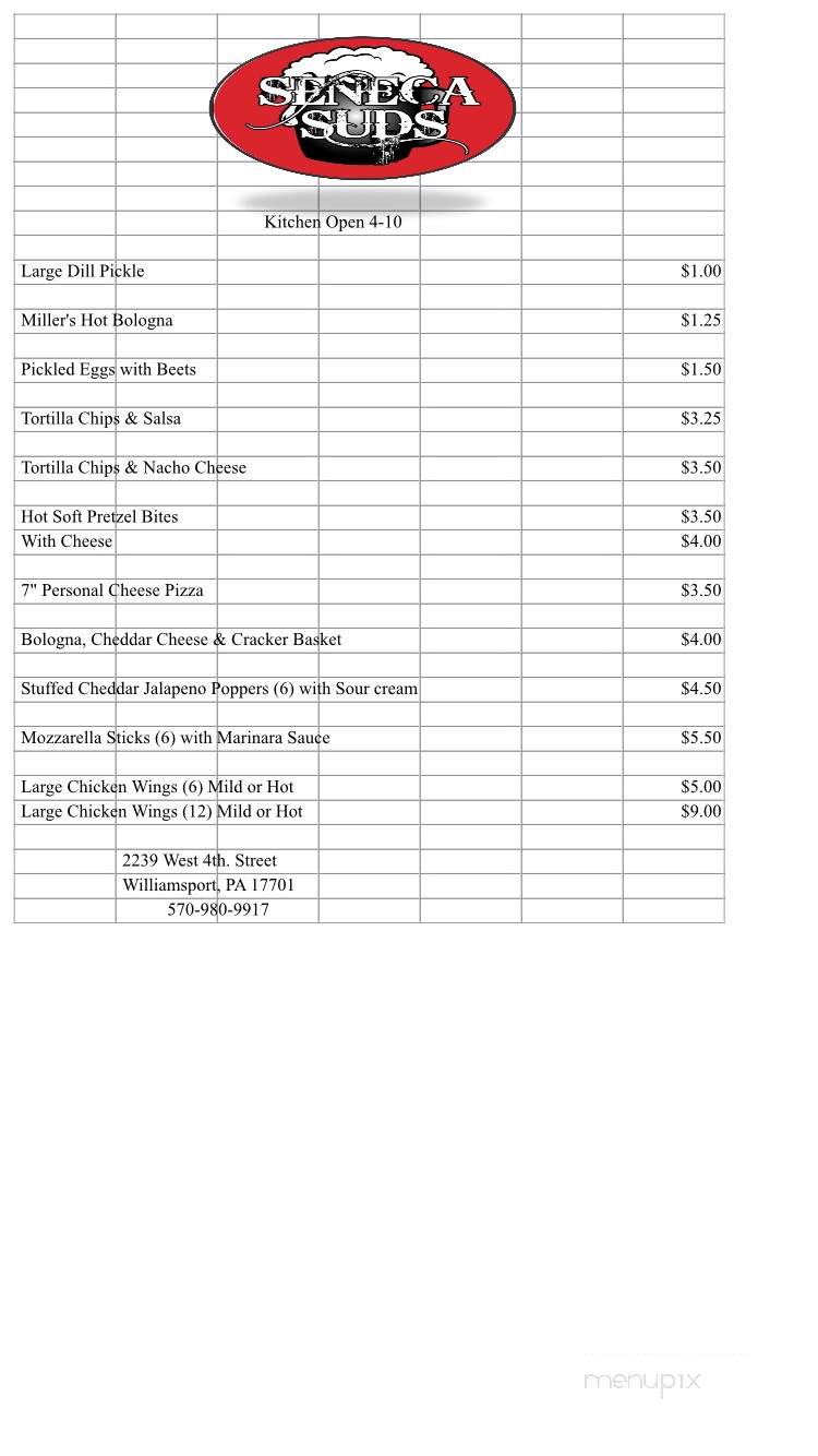 Seneca Suds - Williamsport, PA menu_pic