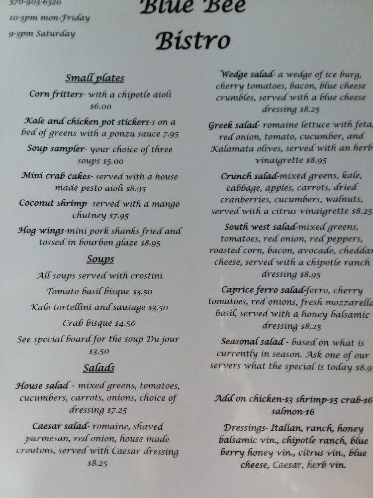 Blue Bee Bistro - Scranton, PA menu_pic