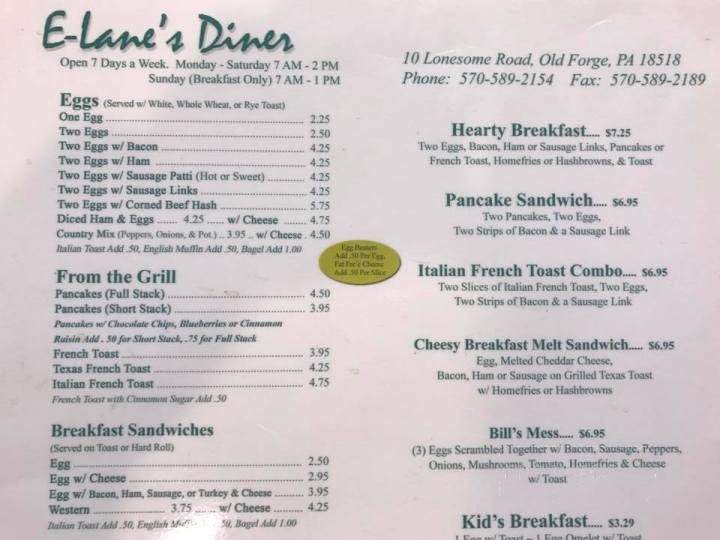 E-Lane's Diner - Old Forge, PA menu_pic