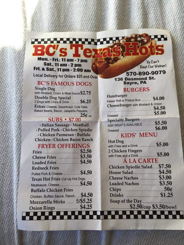 BC's Texas Hots - Sayre, PA menu_pic