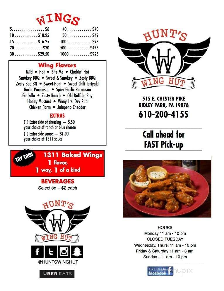 Hunt's Wing Hut - Ridley Park, PA menu_pic
