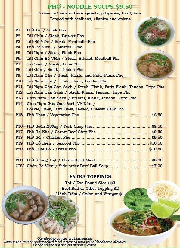 Pho viet store menu