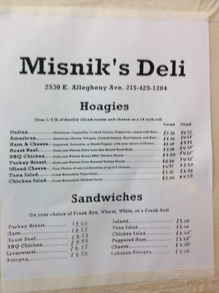 Misnik's Deli - Philadelphia, PA menu_pic