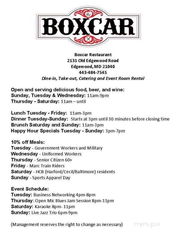 Boxcar Restaurant - Edgewood, MD menu_pic