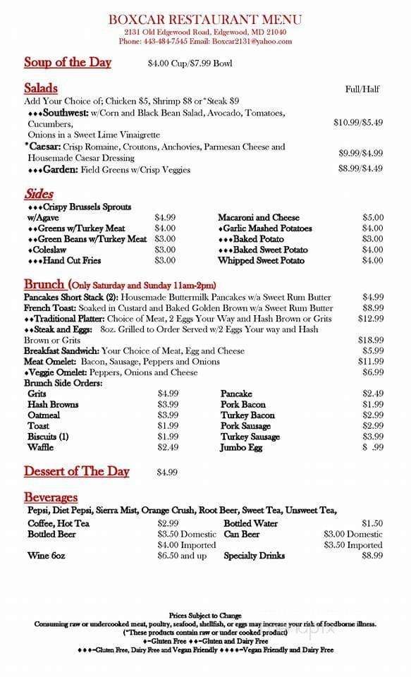 Boxcar Restaurant - Edgewood, MD menu_pic