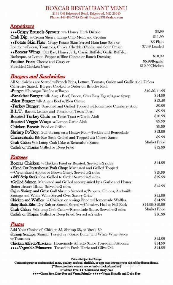 Boxcar Restaurant - Edgewood, MD menu_pic