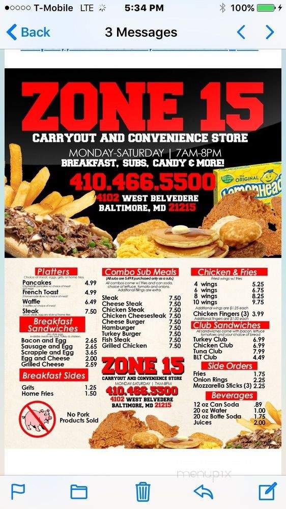 Zone 15 Carry Out - Baltimore, MD menu_pic