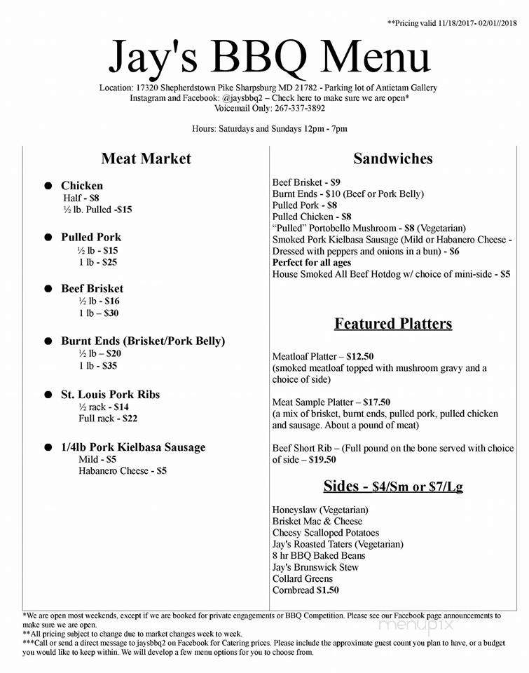 Jay's BBQ - Sharpsburg, MD menu_pic