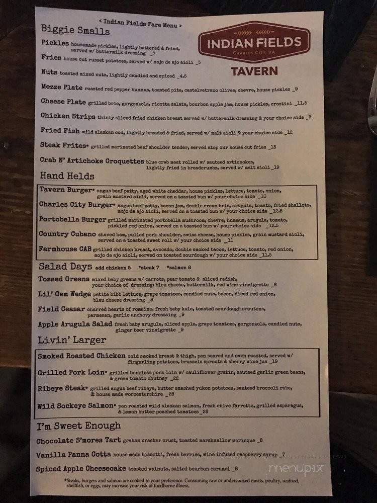 Indian Fields Tavern - Charles City, VA menu_pic