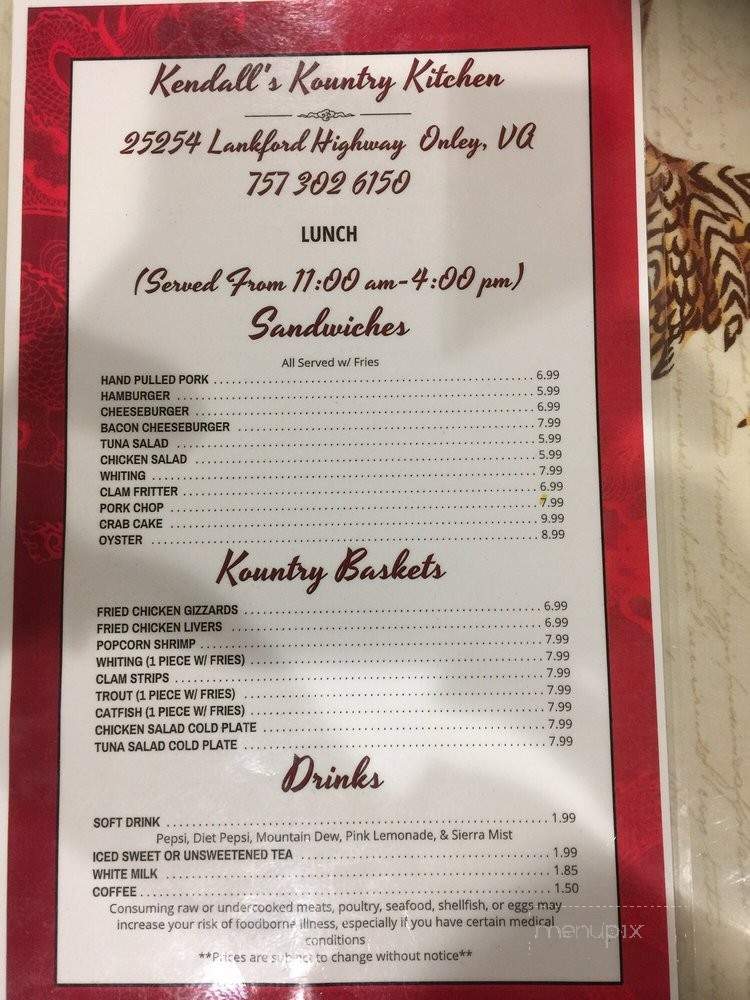 Kenndell's Kountry Kitchen - Onley, VA menu_pic