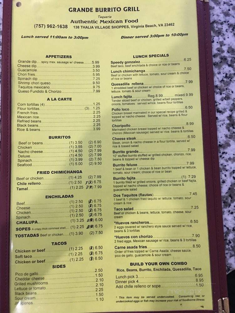 Grande Burrito Grill - Virginia Beach, VA menu_pic