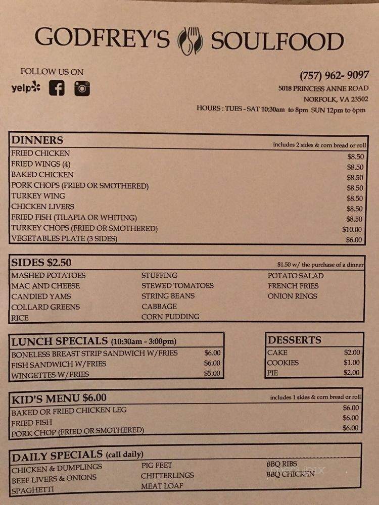 Godfrey's Soul Food - Norfolk, VA menu_pic