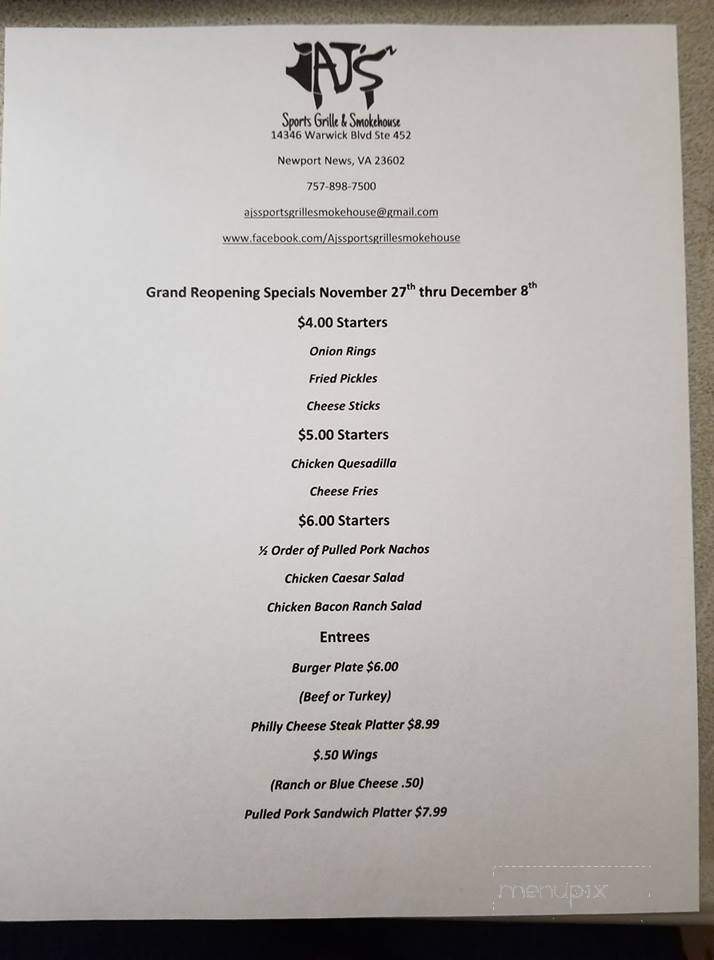 AJs Sports Grille and Smokehouse - Newport News, VA menu_pic