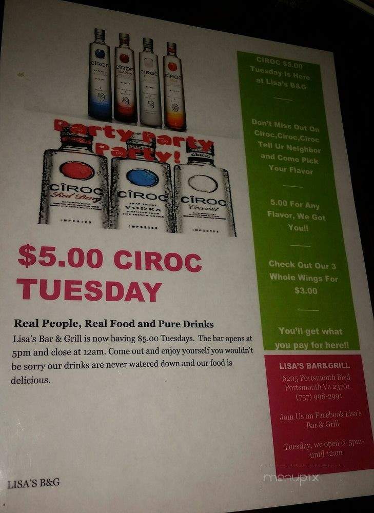 Lisa's Bar and Grill - Portsmouth, VA menu_pic