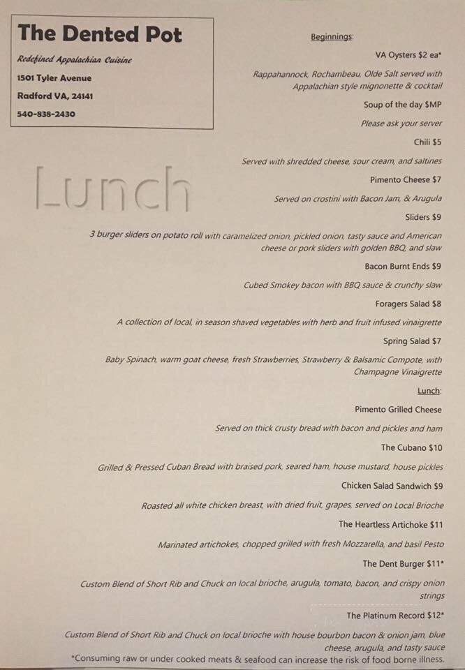 The Dented Pot - Radford, VA menu_pic