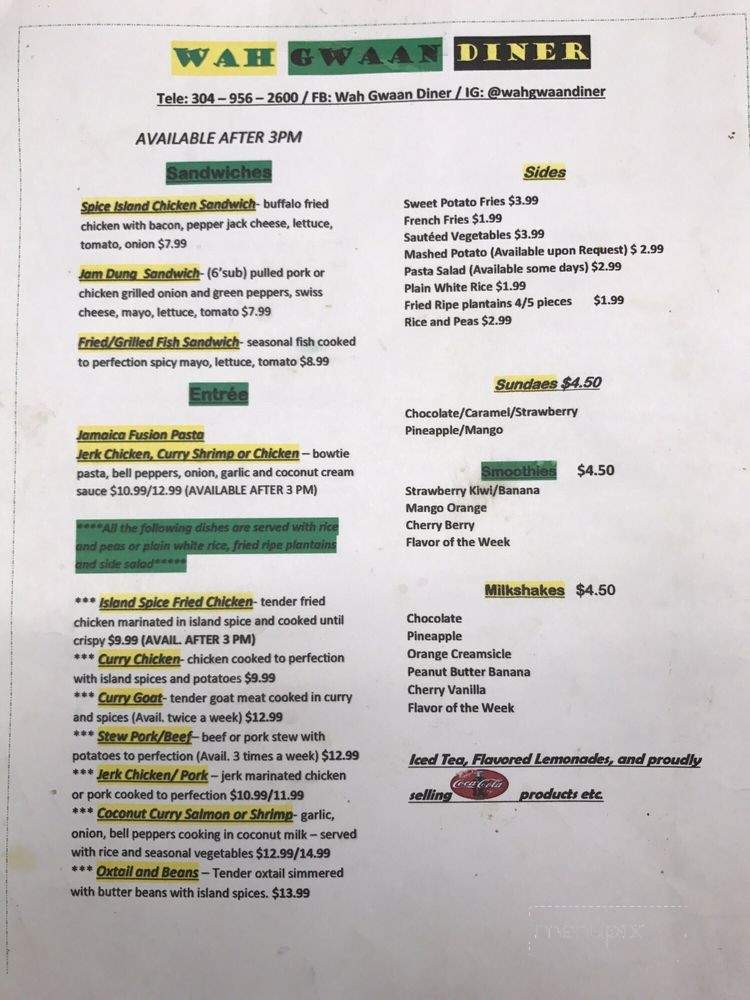 Wah Gwaan Diner - White Sulphur Springs, WV menu_pic